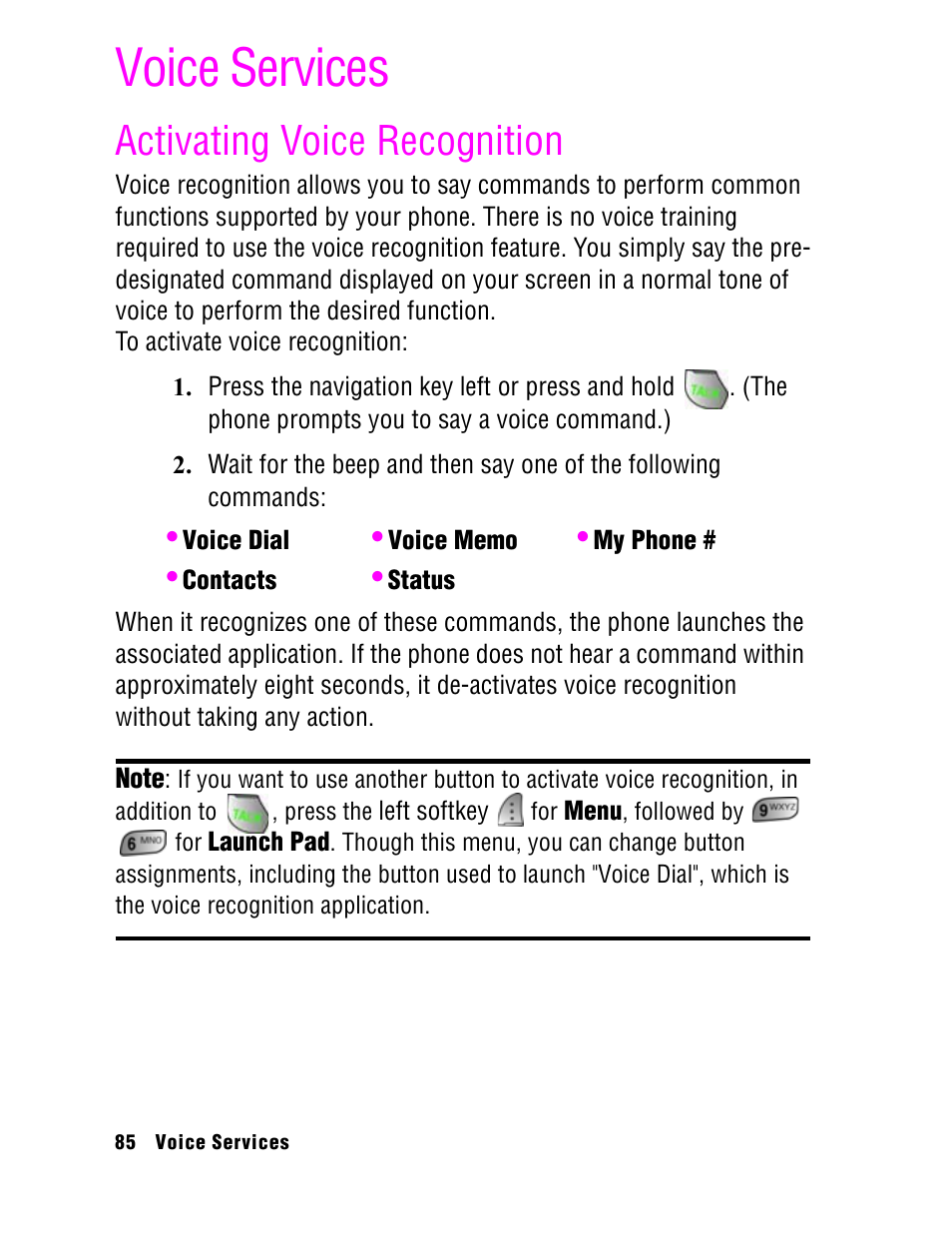 Voice services, Activating voice recognition | Samsung SPH A740 User Manual | Page 94 / 150