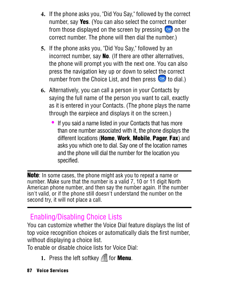 Enabling/disabling choice lists | Samsung SPH A740 User Manual | Page 96 / 150