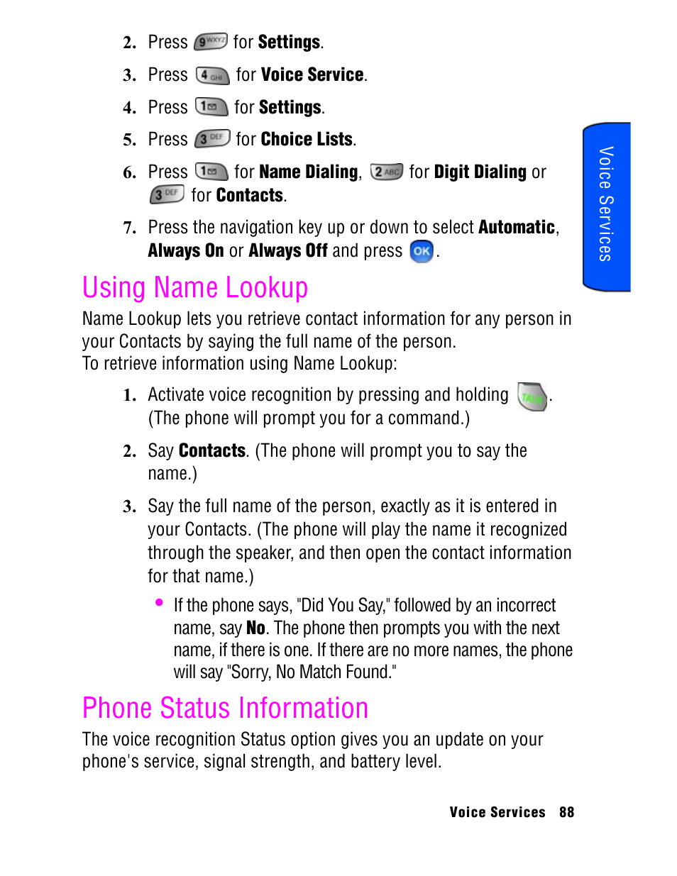 Using name lookup, Phone status information | Samsung SPH A740 User Manual | Page 97 / 150