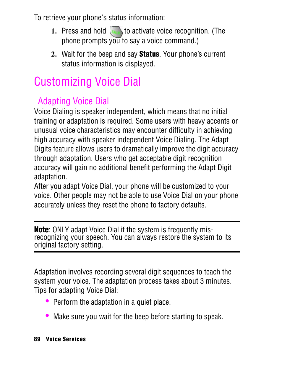 Customizing voice dial, Adapting voice dial | Samsung SPH A740 User Manual | Page 98 / 150