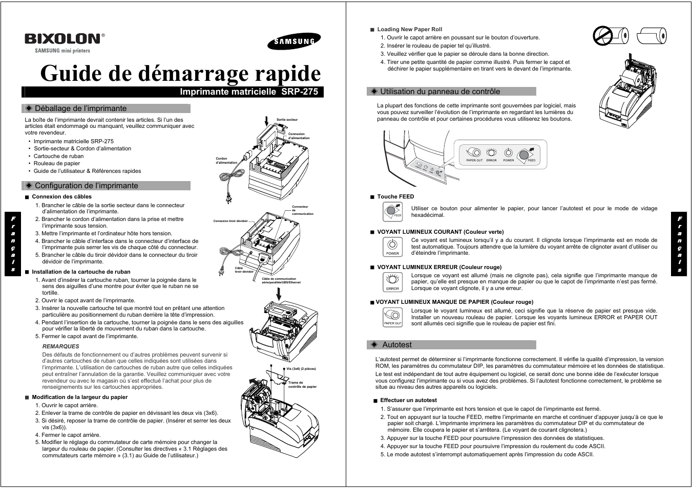 Guide de démarrage rapide, Imprimante matricielle srp-275 | Samsung BIXOLON SRP-275 User Manual | Page 2 / 8