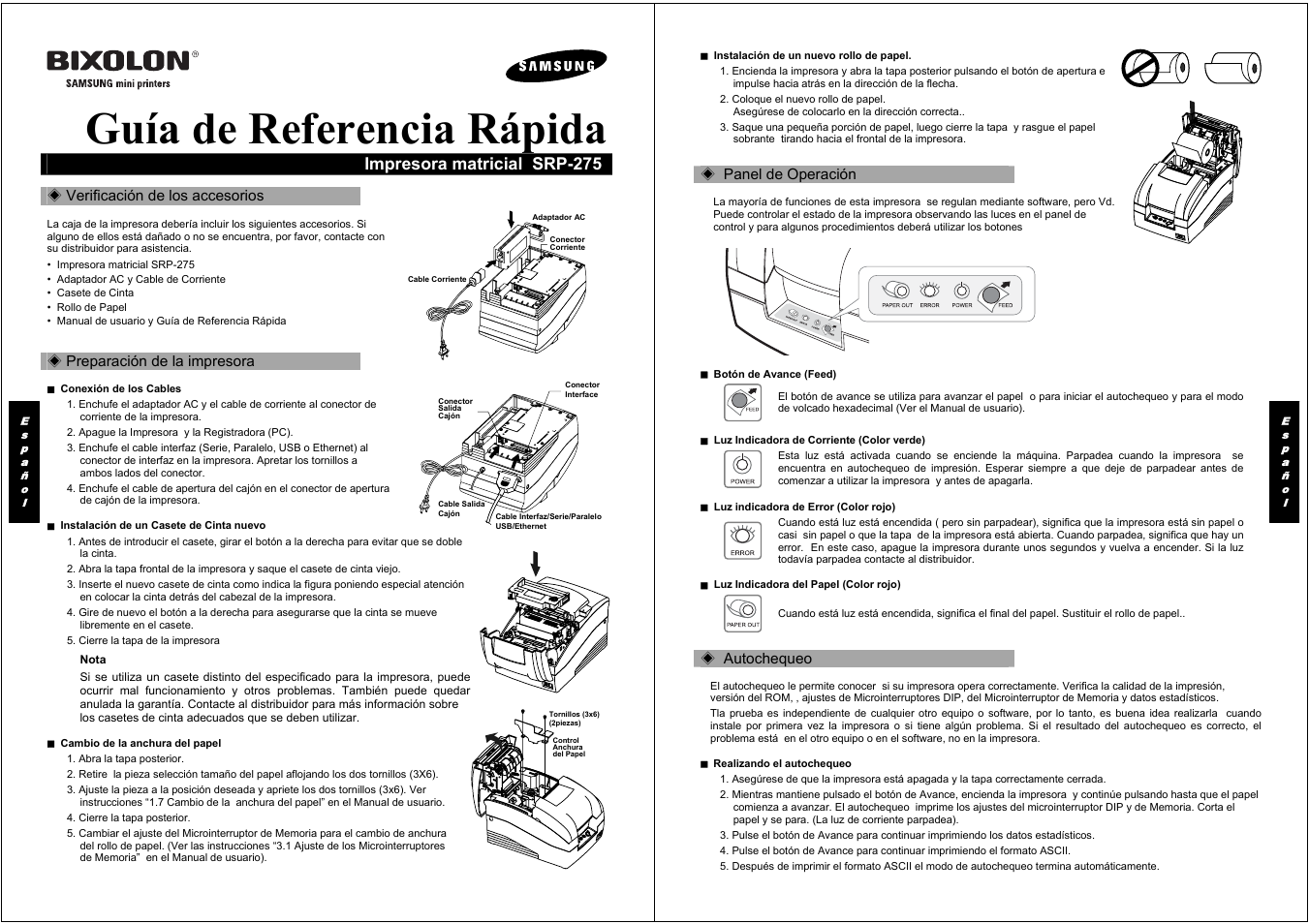 Guía de referencia rápida, Impresora matricial srp-275 | Samsung BIXOLON SRP-275 User Manual | Page 3 / 8