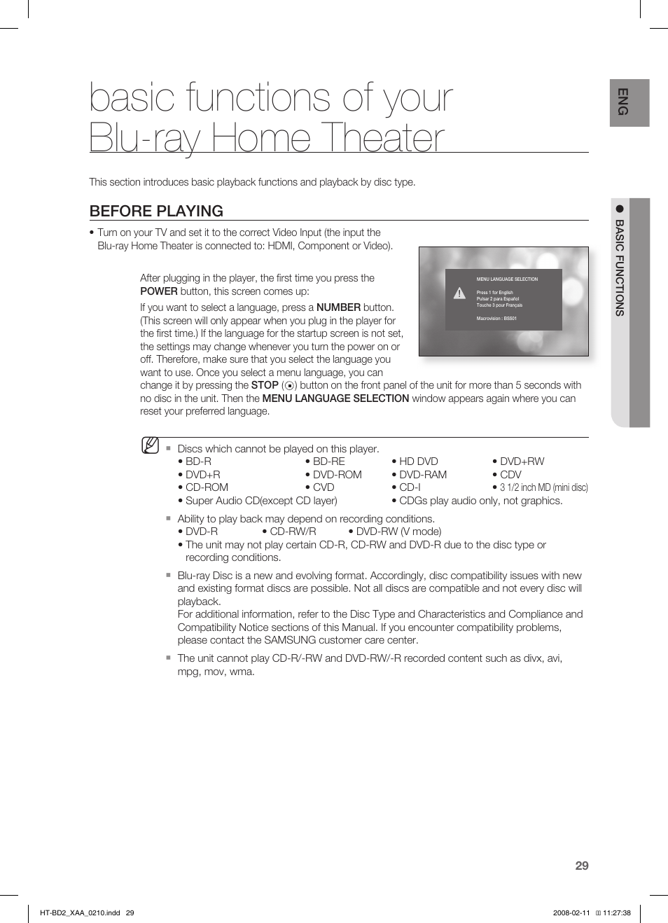 Basic functions of yourblu-ray home theater, Before playing, Basic functions of your blu-ray home theater | Samsung HT-BD2S User Manual | Page 30 / 73