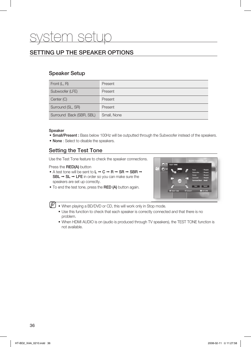 Setting up the speaker options, System setup, Speaker setup | Setting the test tone | Samsung HT-BD2S User Manual | Page 37 / 73