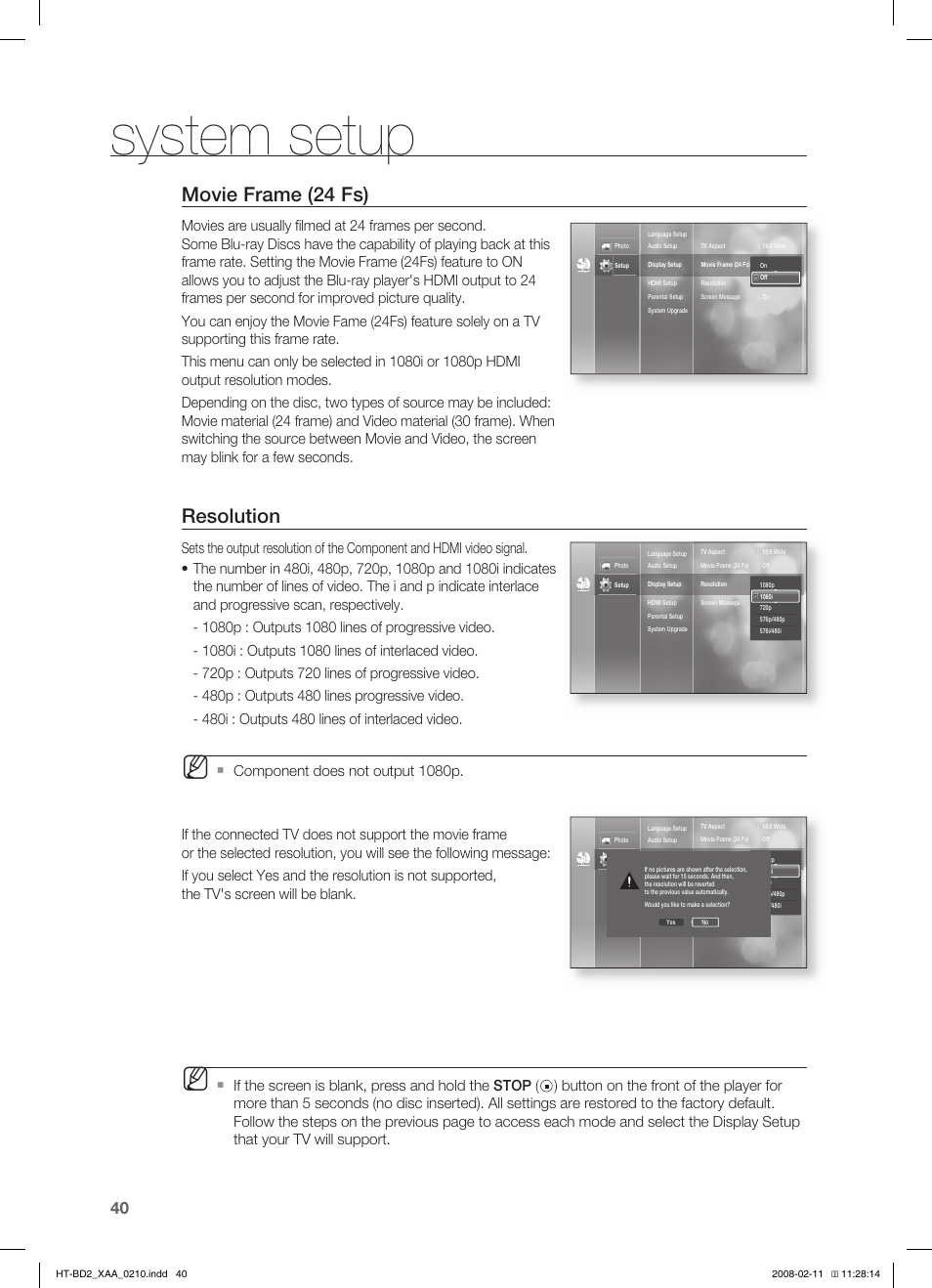 System setup, Movie frame (24 fs), Resolution | Samsung HT-BD2S User Manual | Page 41 / 73