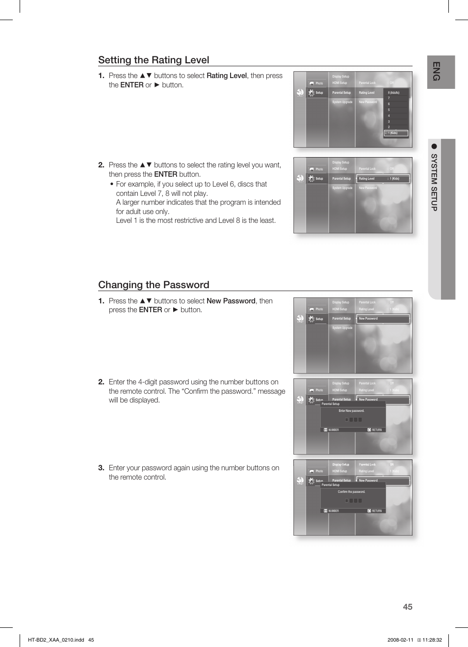 Setting the rating level, Changing the password, System setup | Samsung HT-BD2S User Manual | Page 46 / 73
