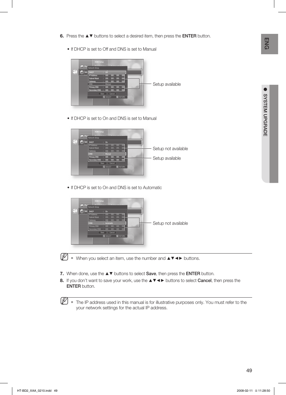 Setup not available setup available, Setup not available, Setup available | Samsung HT-BD2S User Manual | Page 50 / 73