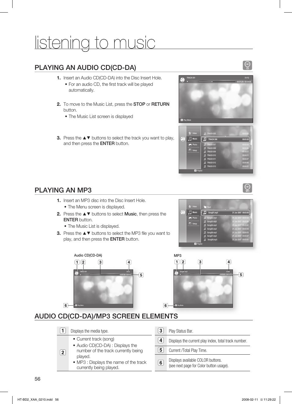 Listening to music, Playing an audio cd(cd-da), Playing an mp3 | Audio cd(cd-da)/mp3 screen elements | Samsung HT-BD2S User Manual | Page 57 / 73