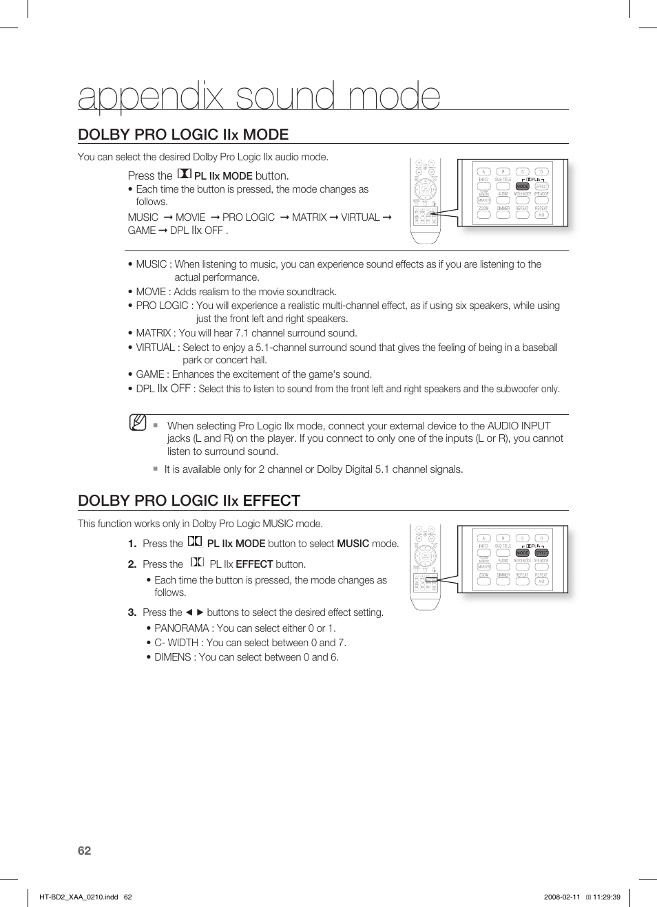 Dolby pro logic iix mode, Dolby pro logic iix effect, Appendix sound mode | Dolby pro logic ii, Mode, Effect | Samsung HT-BD2S User Manual | Page 63 / 73
