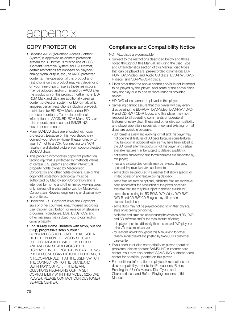 Appendix, Copy protection, Compliance and compatibility notice | Samsung HT-BD2S User Manual | Page 71 / 73