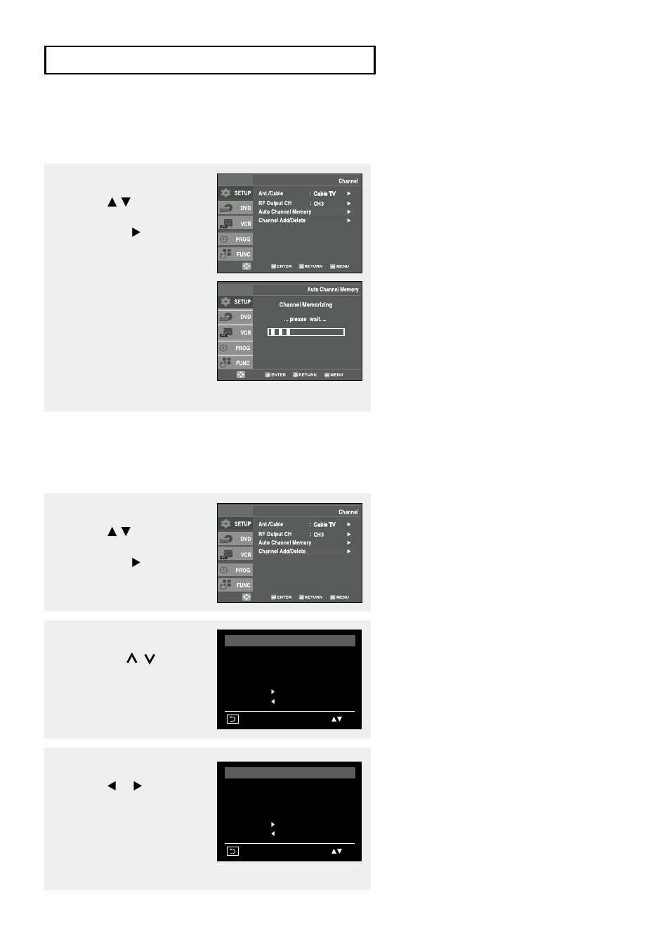 Storing channels in memory (automatic method), Adding and erasing channels (manual method) | Samsung DVD-V9500 User Manual | Page 27 / 89