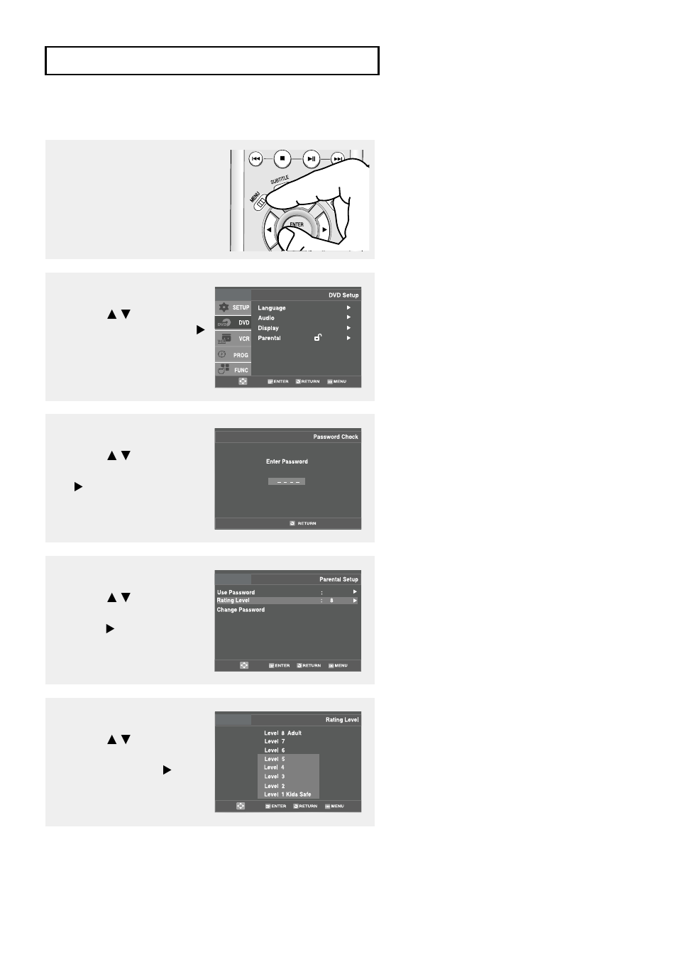 Setting up the rating level | Samsung DVD-V9500 User Manual | Page 63 / 89
