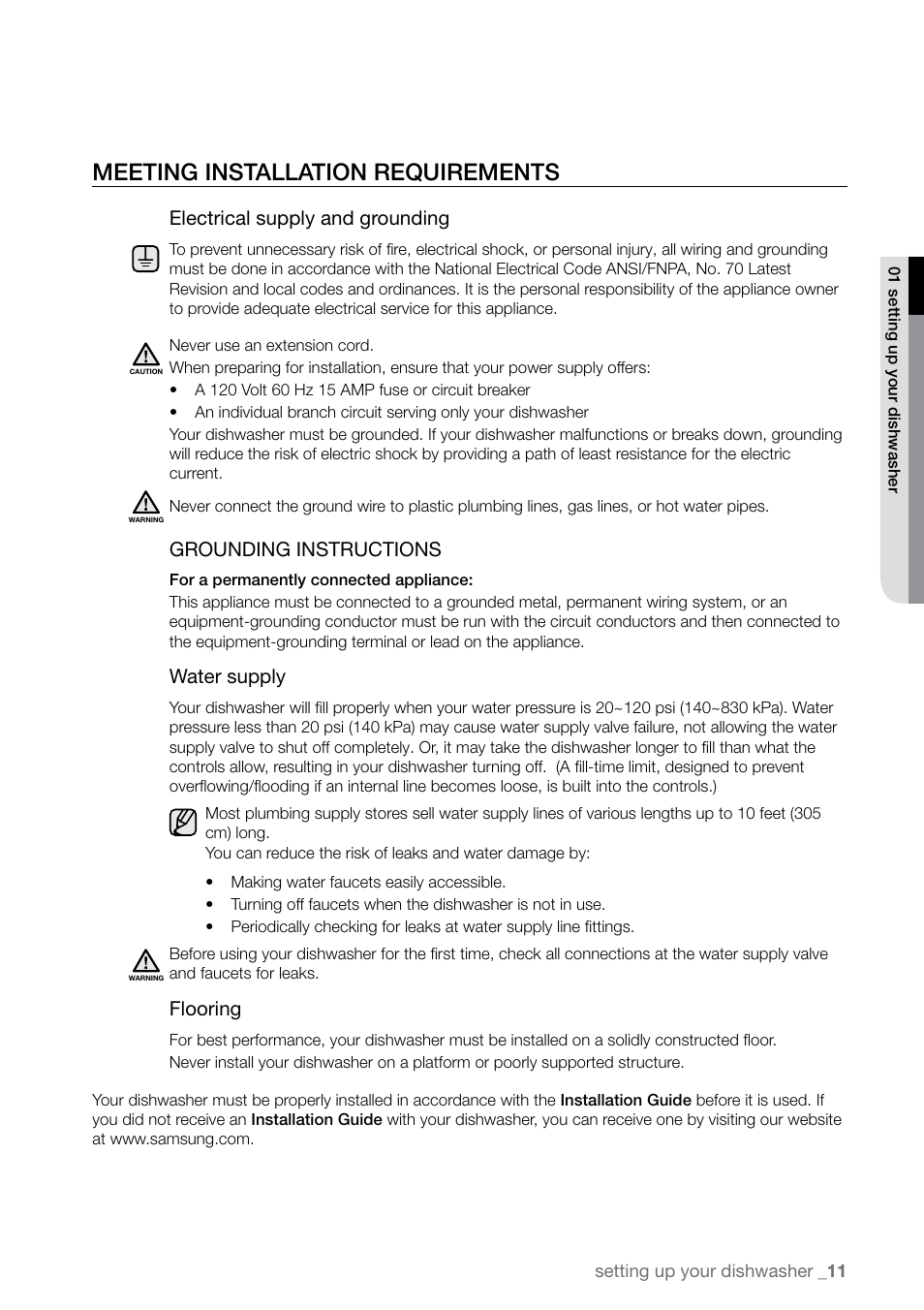 Meeting installation requirements, Electrical supply and grounding, Grounding instructions | Water supply, Flooring | Samsung DMR78 User Manual | Page 11 / 30