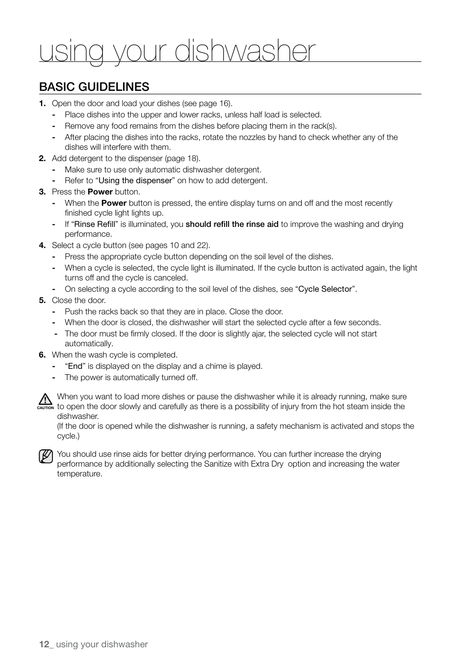 Using your dishwasher, Basic guidelines | Samsung DMR78 User Manual | Page 12 / 30