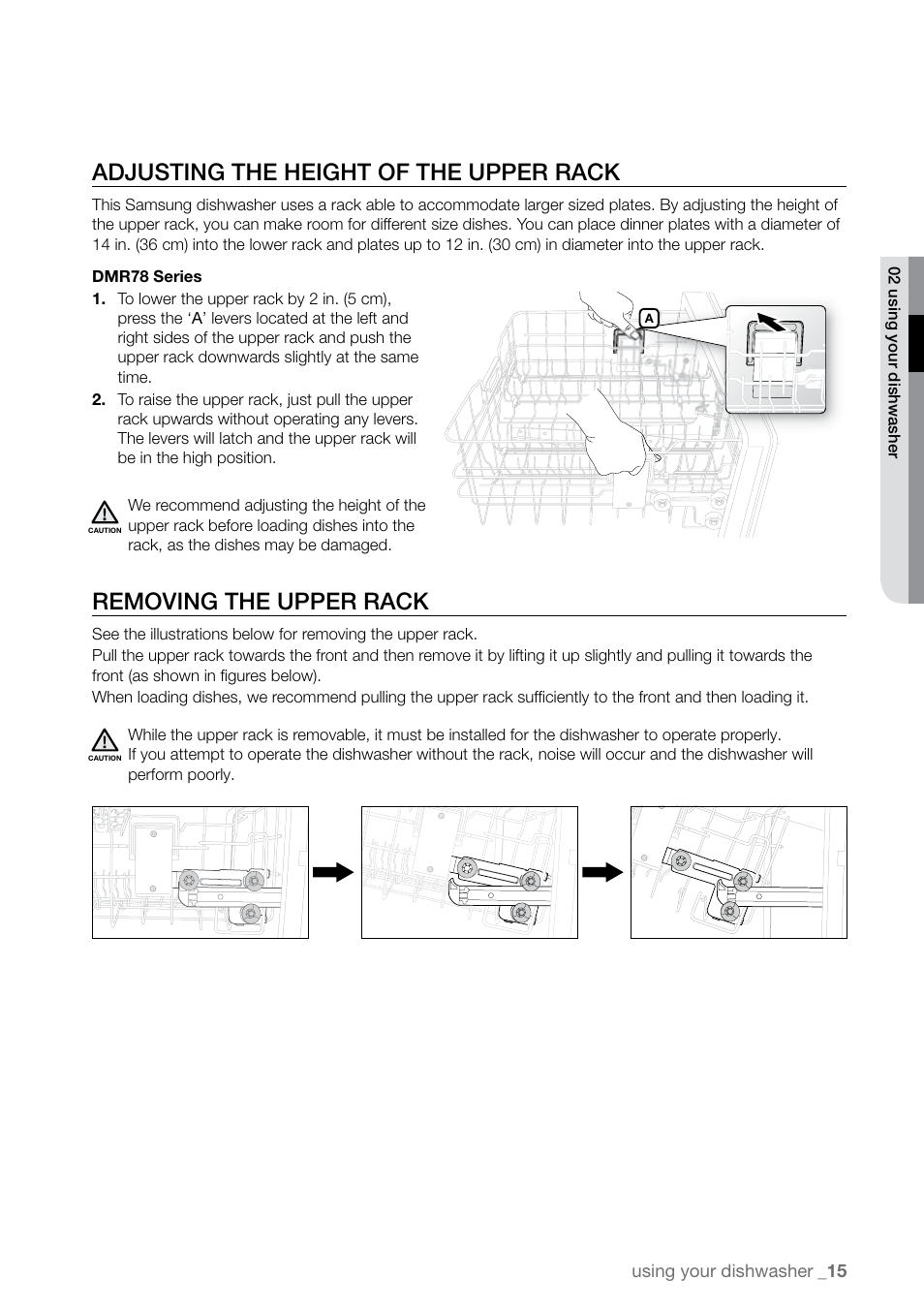 Adjusting the height of the upper rack, Removing the upper rack | Samsung DMR78 User Manual | Page 15 / 30