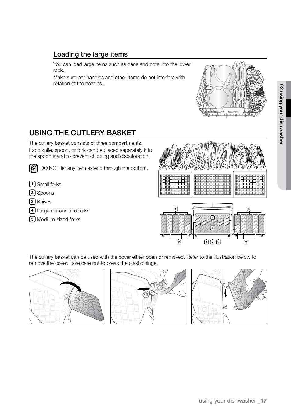 Using the cutlery basket, Loading the large items | Samsung DMR78 User Manual | Page 17 / 30