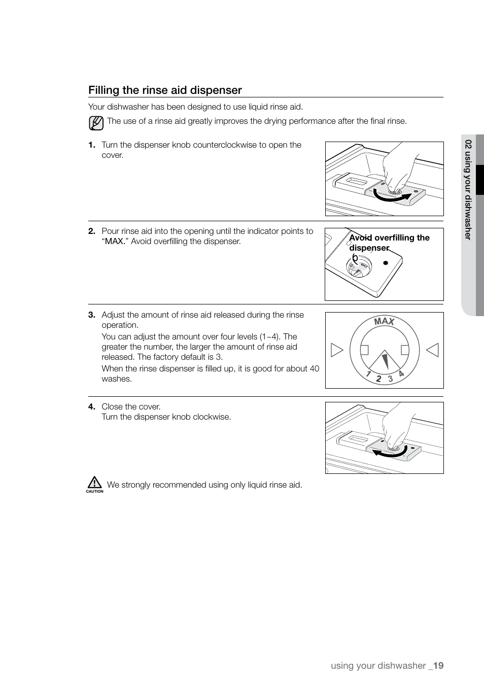 Filling the rinse aid dispenser | Samsung DMR78 User Manual | Page 19 / 30