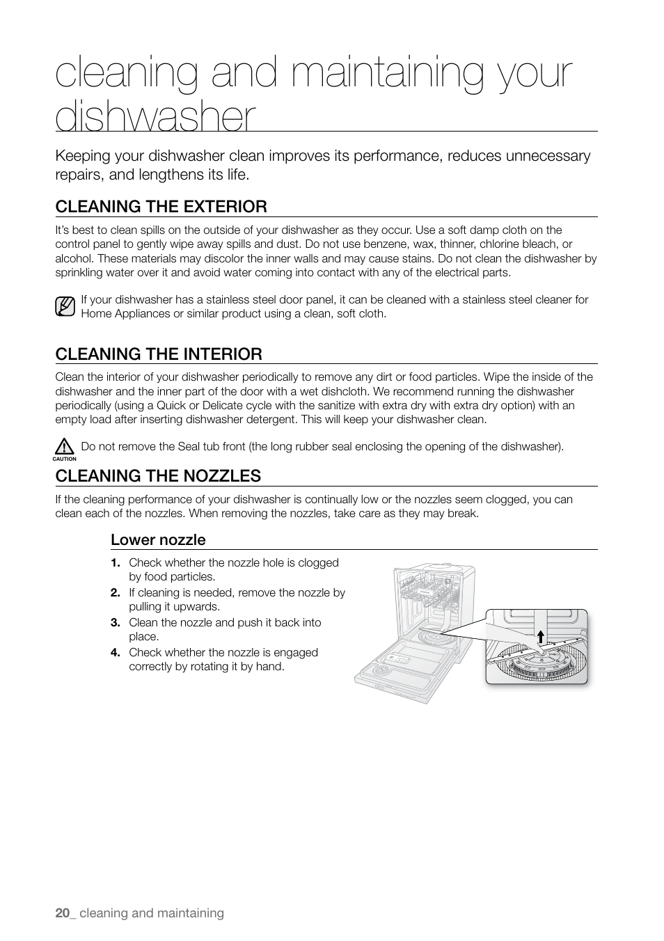 Cleaning and maintaining yourdishwasher, Cleaning and maintaining your dishwasher | Samsung DMR78 User Manual | Page 20 / 30