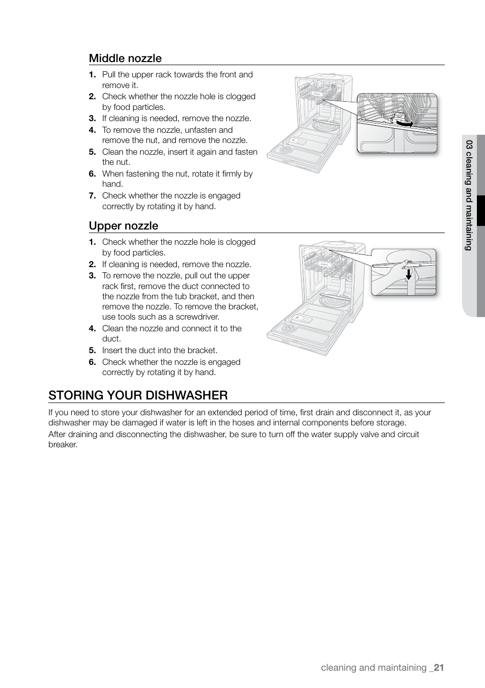 Storing your dishwasher, Middle nozzle, Upper nozzle | Samsung DMR78 User Manual | Page 21 / 30
