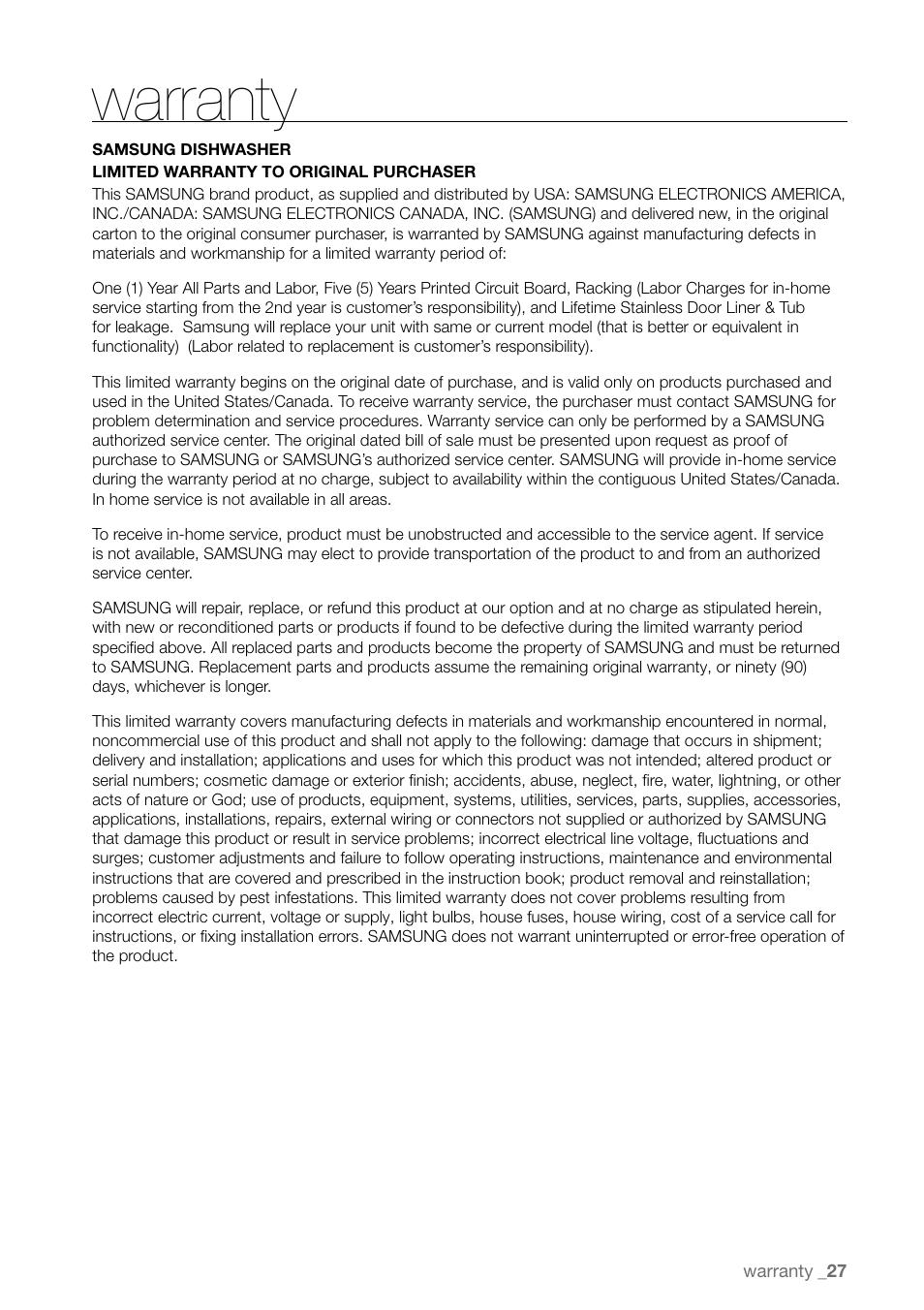 Warranty | Samsung DMR78 User Manual | Page 27 / 30