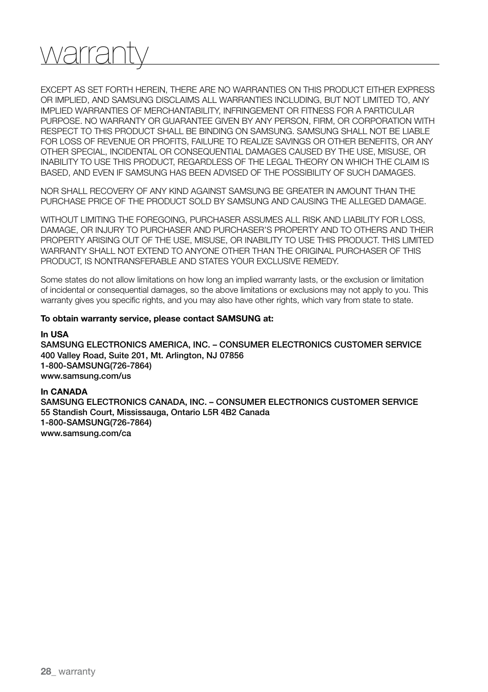 Warranty | Samsung DMR78 User Manual | Page 28 / 30