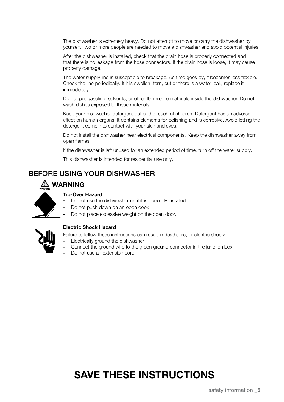 Save these instructions, Before using your dishwasher, Warning | Samsung DMR78 User Manual | Page 5 / 30