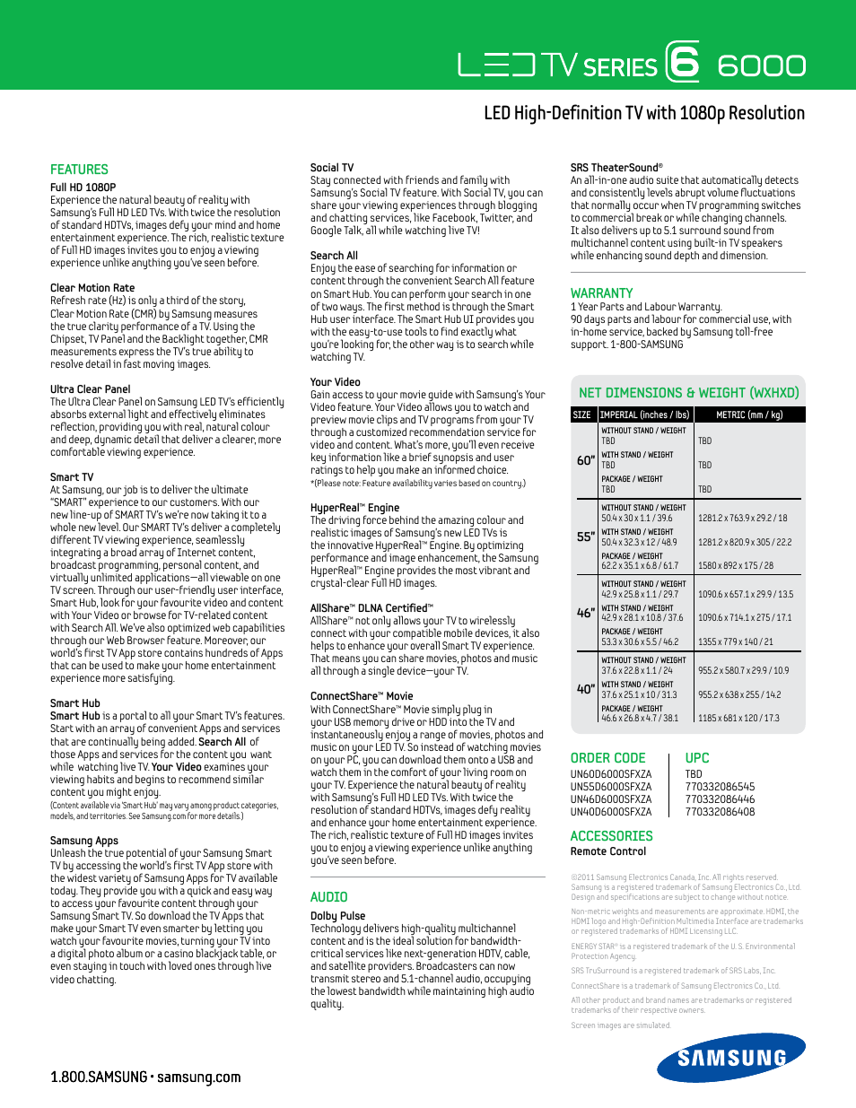 Led high-definition tv with 1080p resolution | Samsung SMART TV UN55D6000 User Manual | Page 2 / 2