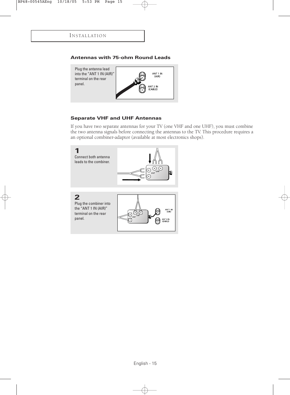 Antennas with 75-ohm round leads, Separate vhf and uhf antennas | Samsung HC-S4755W User Manual | Page 15 / 80
