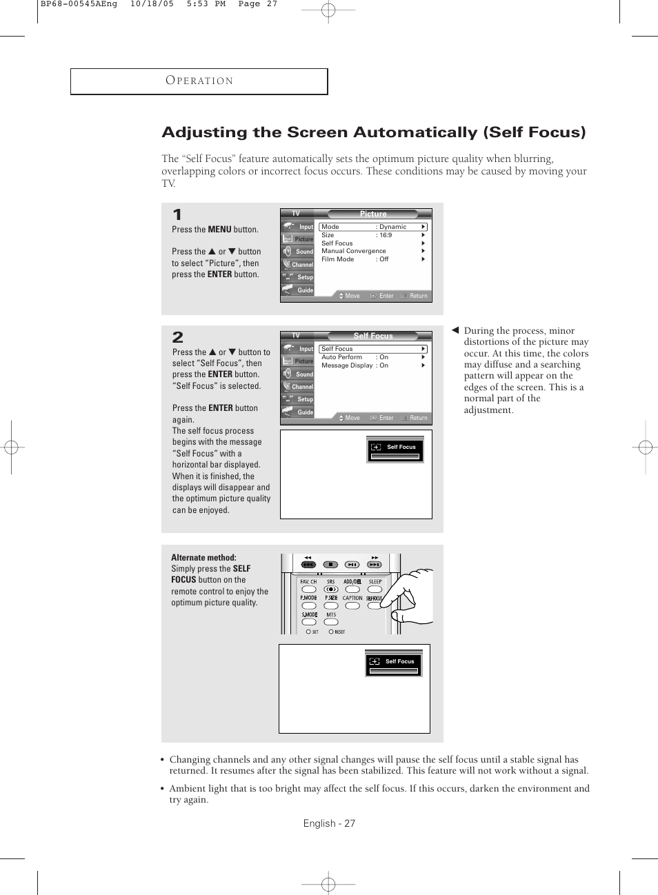 Adjusting the screen automatically (self focus) | Samsung HC-S4755W User Manual | Page 27 / 80