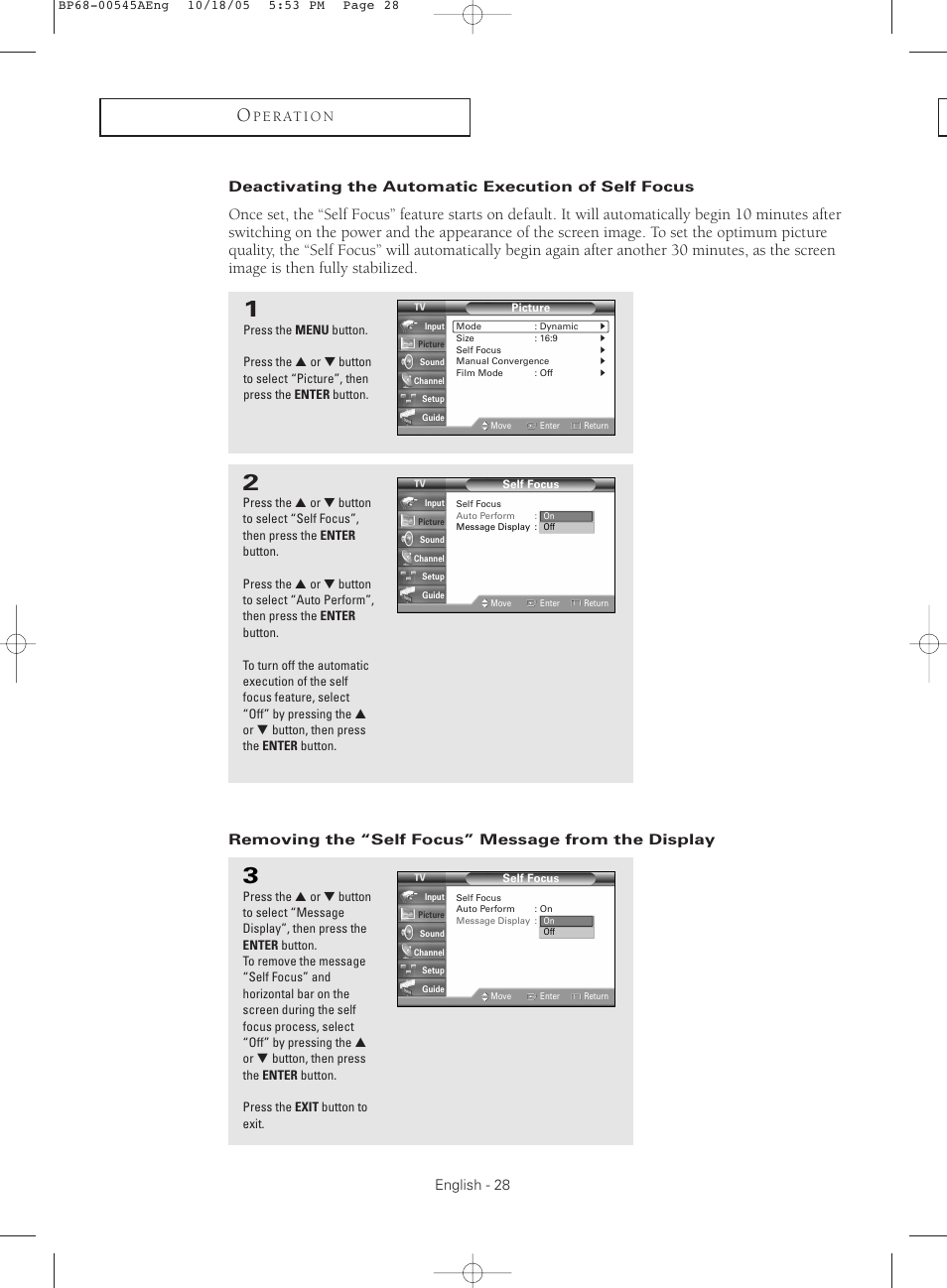 Deactivating the automatic execution of self focus, Removing the “self focus” message from the display | Samsung HC-S4755W User Manual | Page 28 / 80