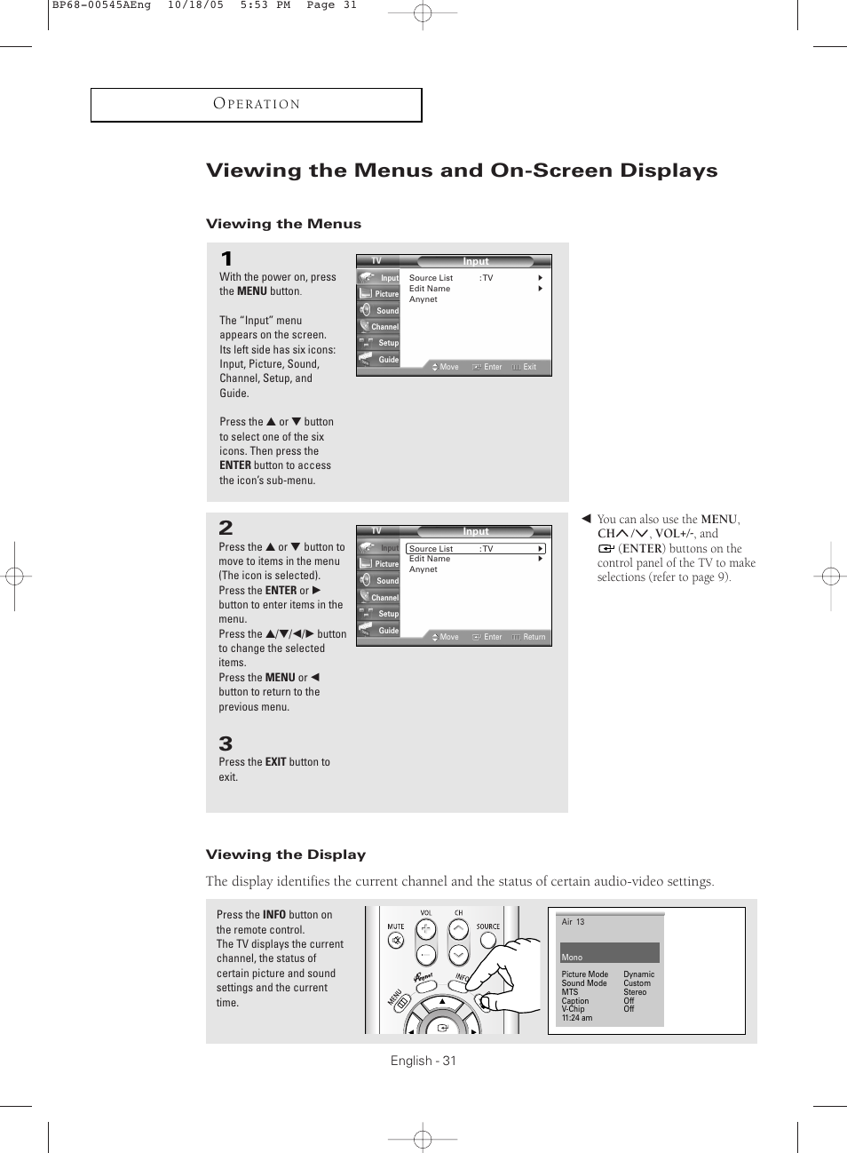 Viewing the menus and on-screen displays, Viewing the menus, Viewing the display | Samsung HC-S4755W User Manual | Page 31 / 80