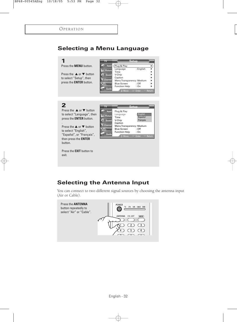 Selecting a menu language, Selecting the antenna input | Samsung HC-S4755W User Manual | Page 32 / 80