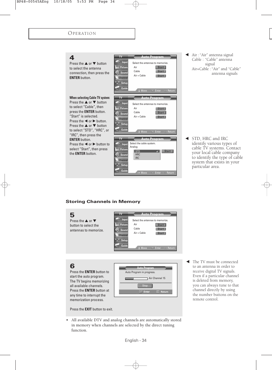 Storing channels in memory | Samsung HC-S4755W User Manual | Page 34 / 80