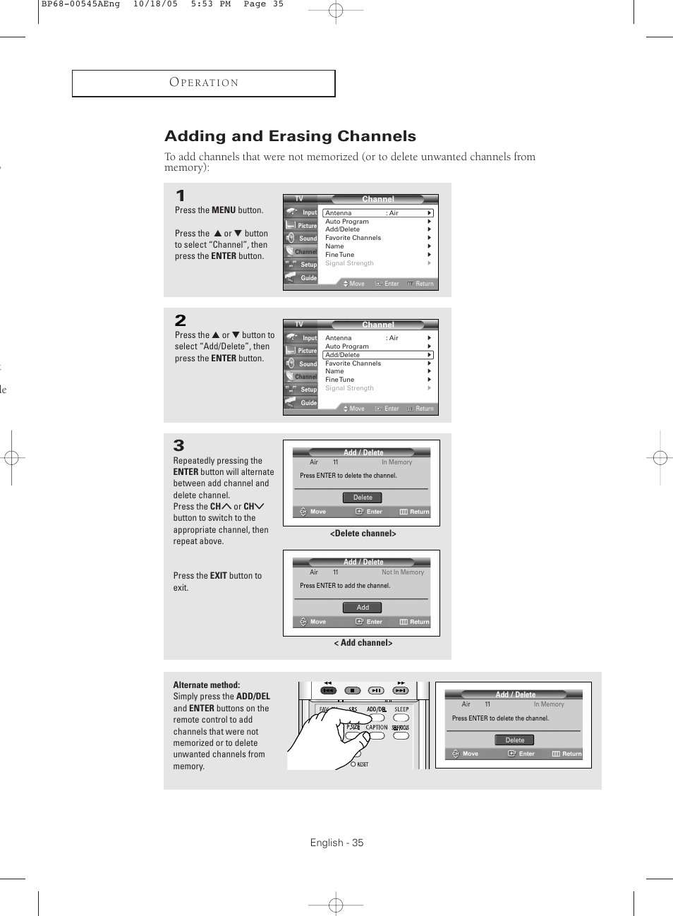 Adding and erasing channels | Samsung HC-S4755W User Manual | Page 35 / 80