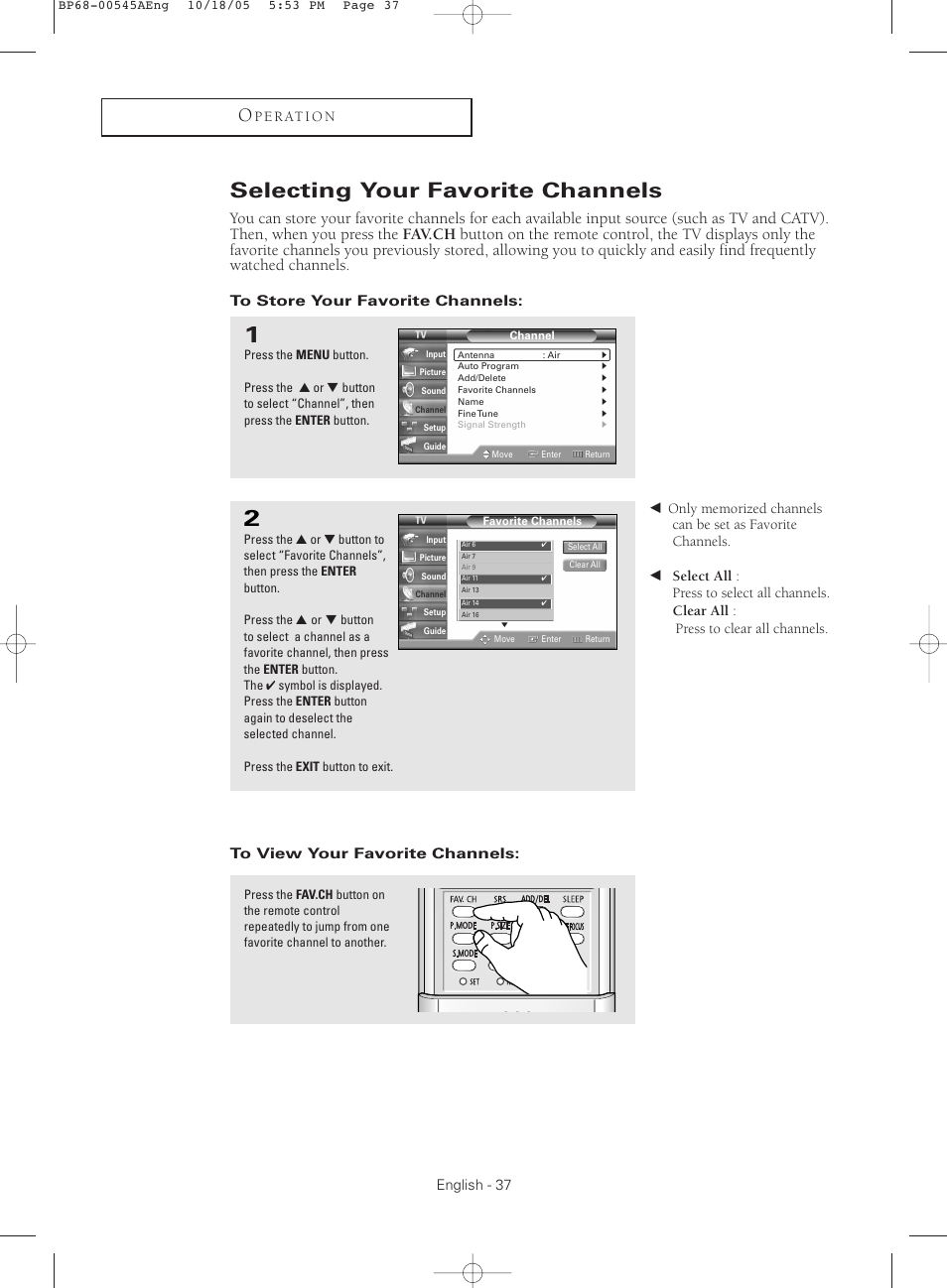 Selecting your favorite channels, To store your favorite channels, To view your favorite channels | Samsung HC-S4755W User Manual | Page 37 / 80