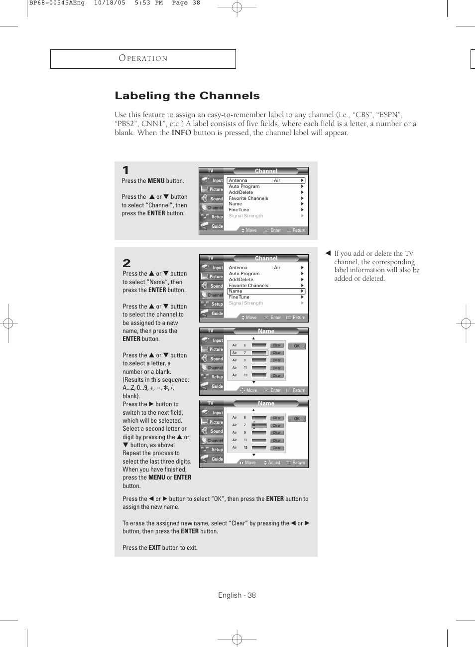 Labeling the channels, English - 38, P e r at i o n | Samsung HC-S4755W User Manual | Page 38 / 80