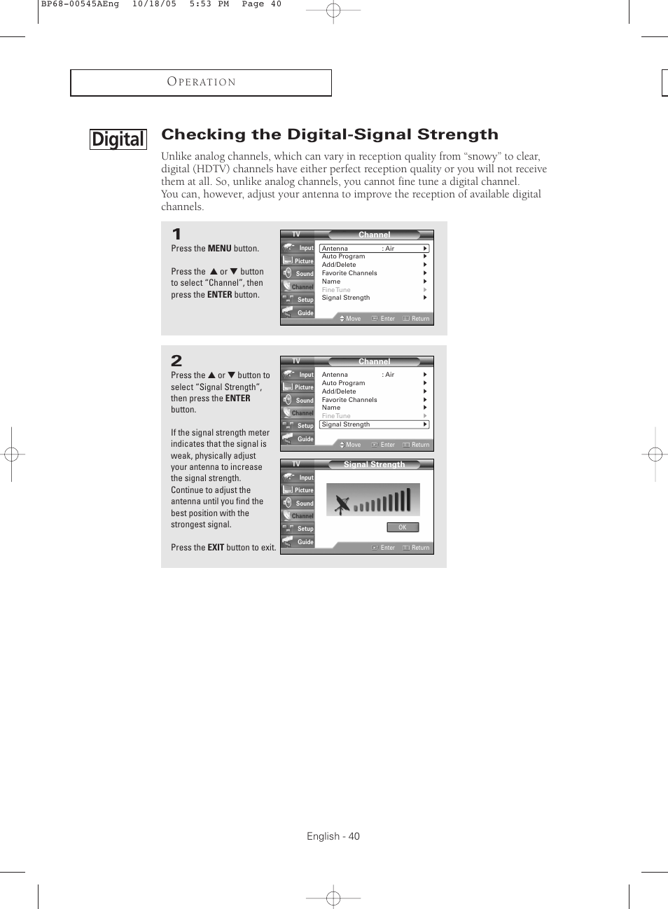 Digital] checking the digital-signal strength, Digital, Checking the digital-signal strength | Samsung HC-S4755W User Manual | Page 40 / 80