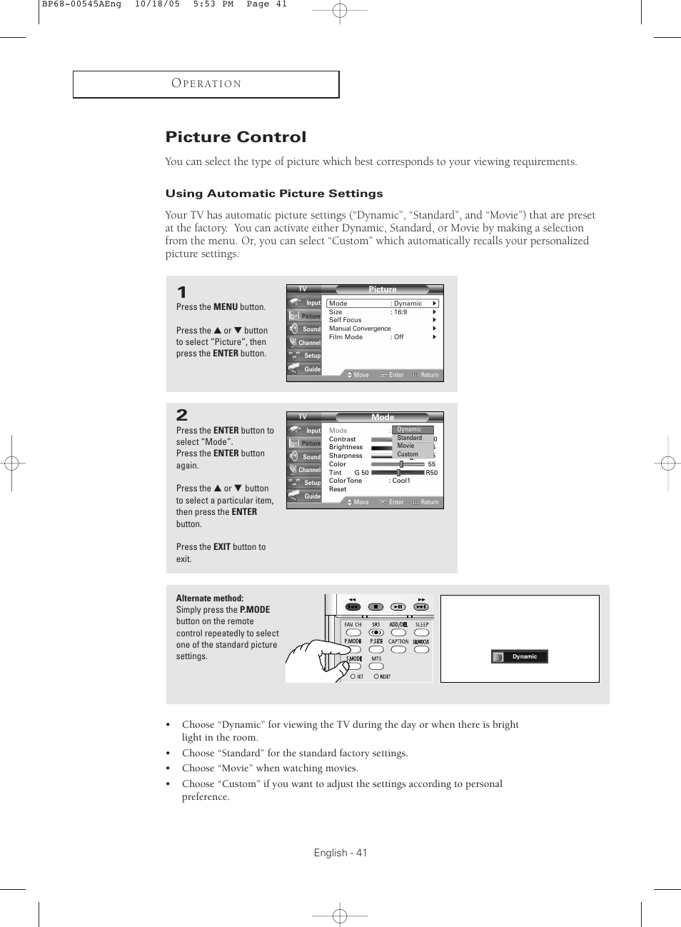 Picture control, Using automatic picture settings | Samsung HC-S4755W User Manual | Page 41 / 80