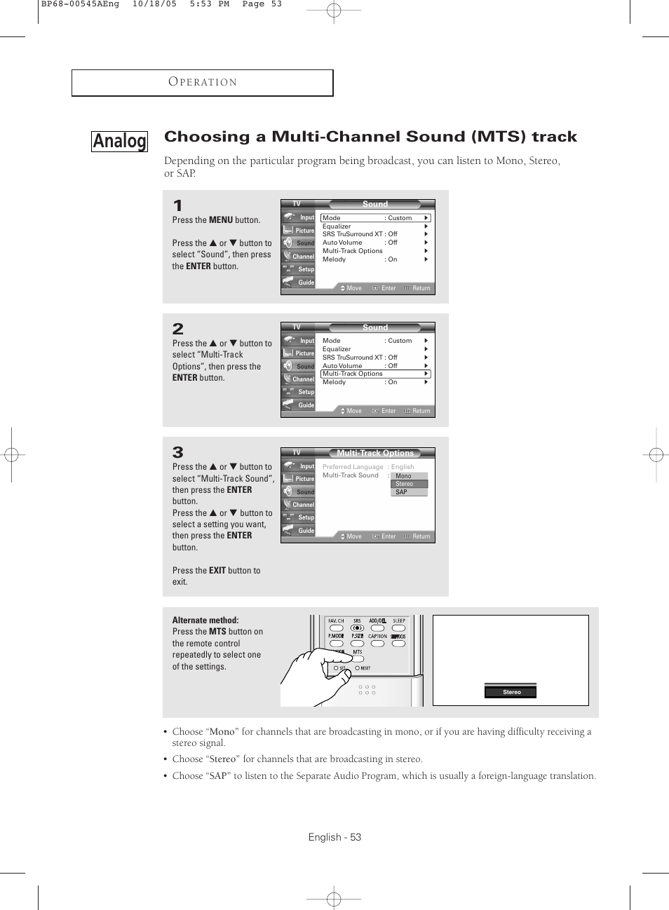 Analog] choosing a multi-channel sound (mts) track, Analog, Choosing a multi-channel sound (mts) track | Samsung HC-S4755W User Manual | Page 53 / 80