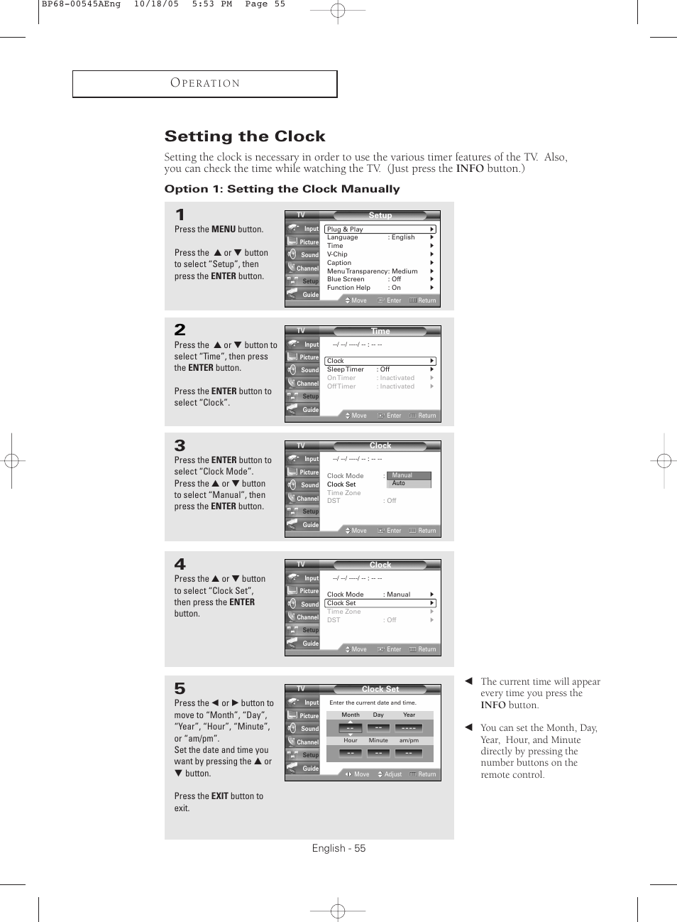 Setting the clock, Option 1: setting the clock manually, English - 55 | P e r at i o n | Samsung HC-S4755W User Manual | Page 55 / 80