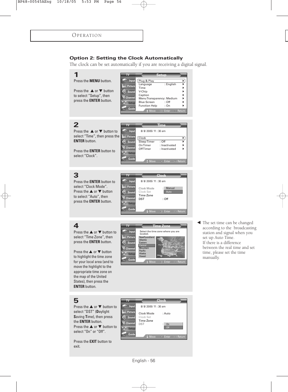 Option 2: setting the clock automatically | Samsung HC-S4755W User Manual | Page 56 / 80