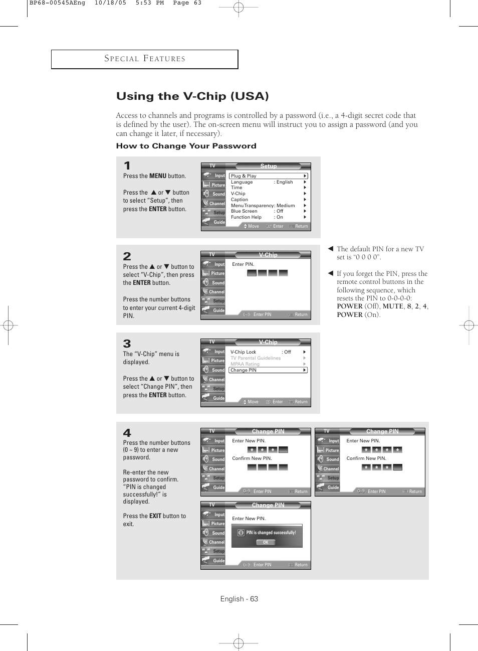 Using the v-chip (usa), How to change your password | Samsung HC-S4755W User Manual | Page 63 / 80