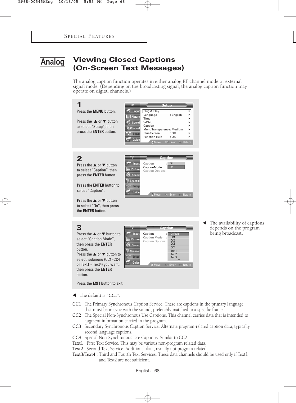 Analog, Viewing closed captions (on-screen text messages) | Samsung HC-S4755W User Manual | Page 68 / 80