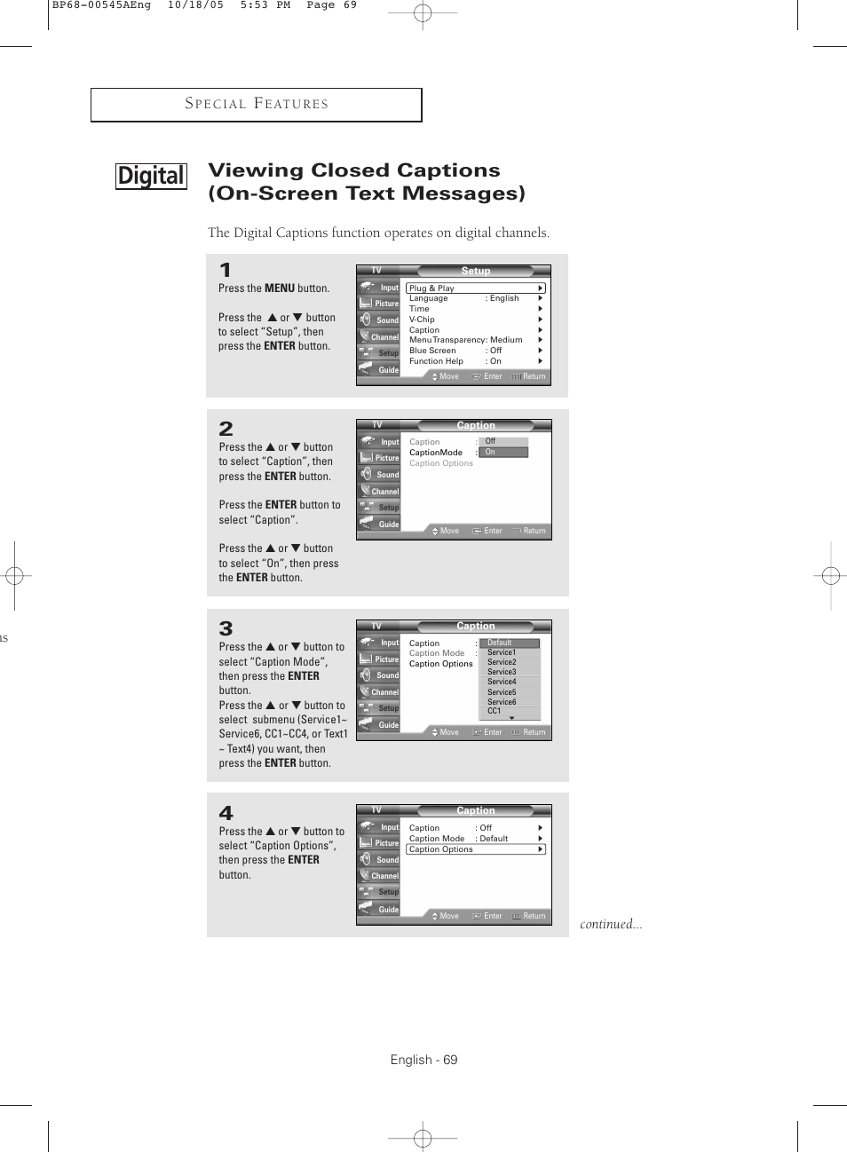 Digital, Viewing closed captions (on-screen text messages), Continued | Samsung HC-S4755W User Manual | Page 69 / 80