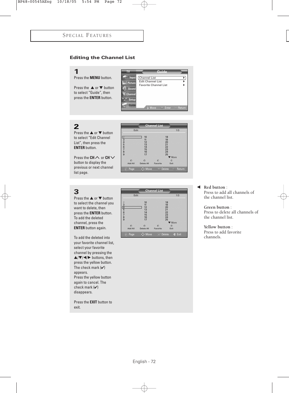 Editing the channel list, English - 72 | Samsung HC-S4755W User Manual | Page 72 / 80