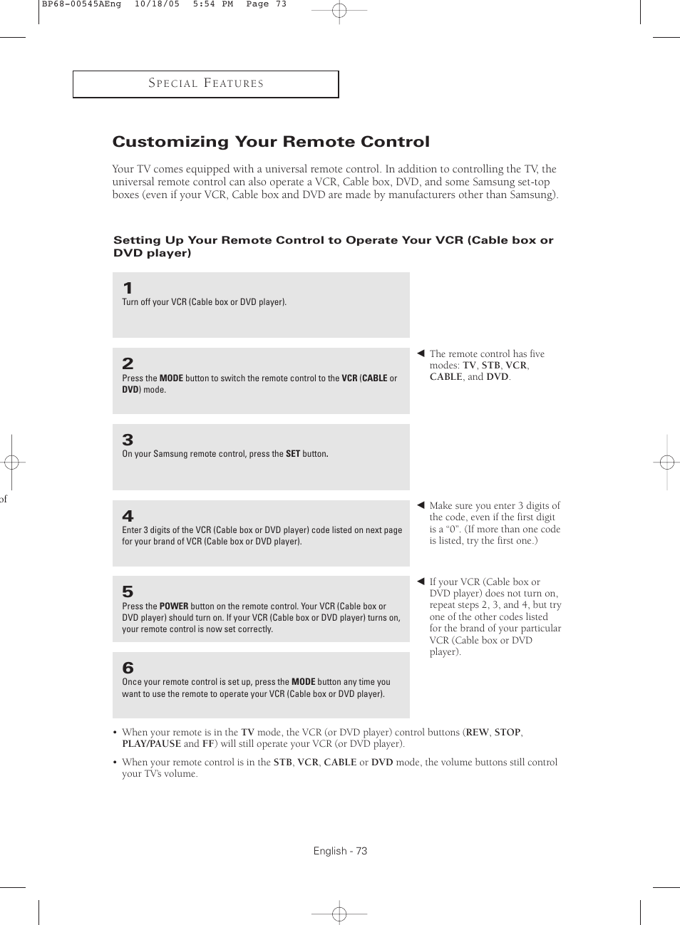 Customizing your remote control | Samsung HC-S4755W User Manual | Page 73 / 80