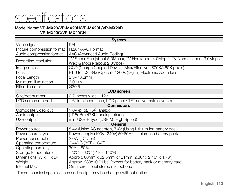 Speciﬁcations | Samsung VP-MX20H User Manual | Page 119 / 121