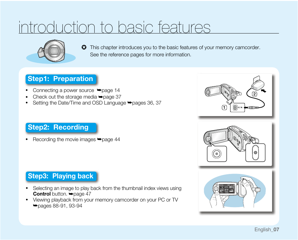 Introduction to basic features | Samsung VP-MX20H User Manual | Page 13 / 121