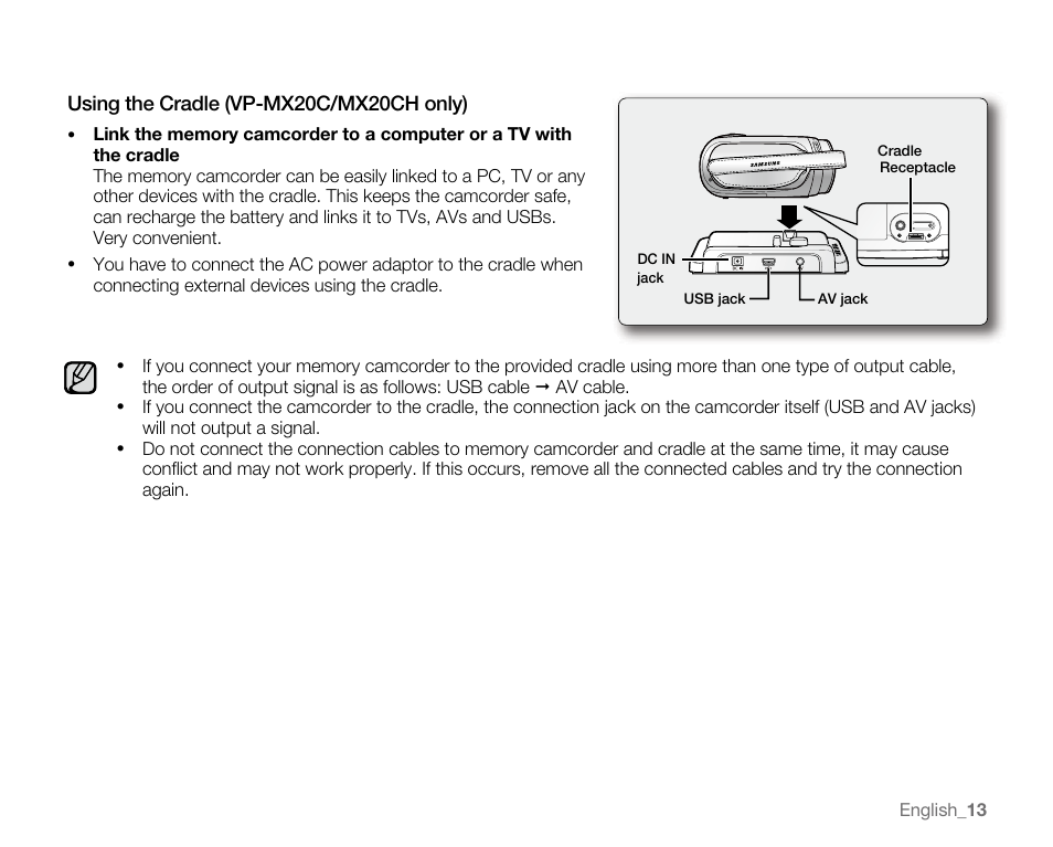 Using the cradle (vp-mx20c/mx20ch only) | Samsung VP-MX20H User Manual | Page 19 / 121
