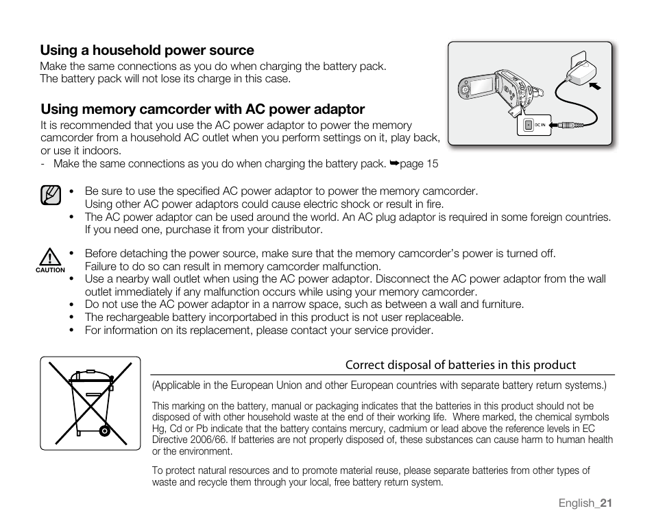 Using a household power source | Samsung VP-MX20H User Manual | Page 27 / 121